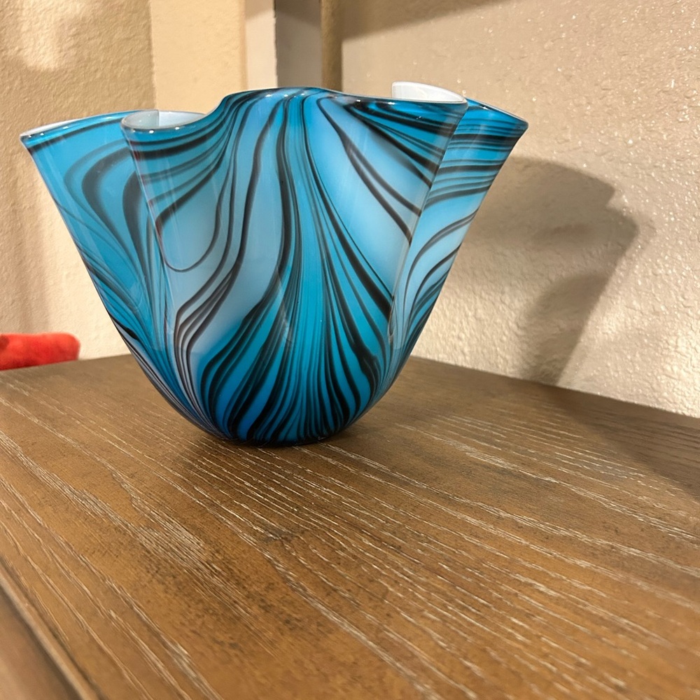 Blue and Black Swirl Glass Vase